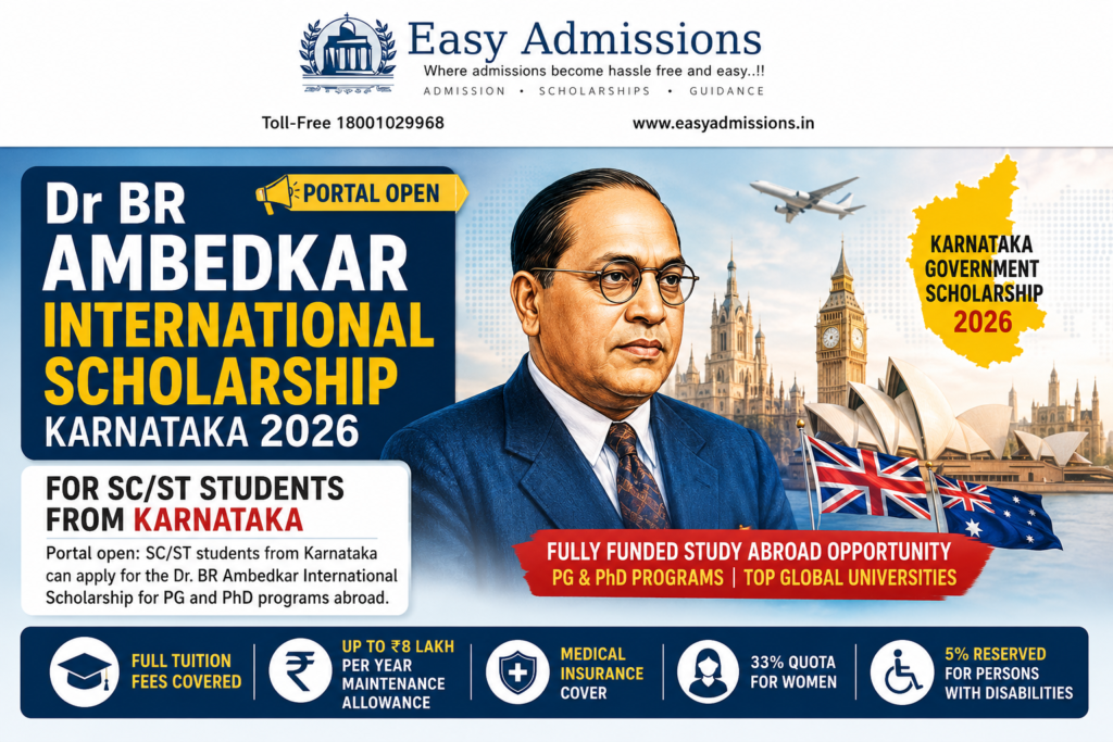 Dr BR Ambedkar International Scholarship Karnataka 2026 portal open for SC ST students, Karnataka Government Study Abroad Scholarship 2026, Portal open: SC/ST students from Karnataka can apply for the Dr. BR Ambedkar International Scholarship for PG and PhD programs abroad.