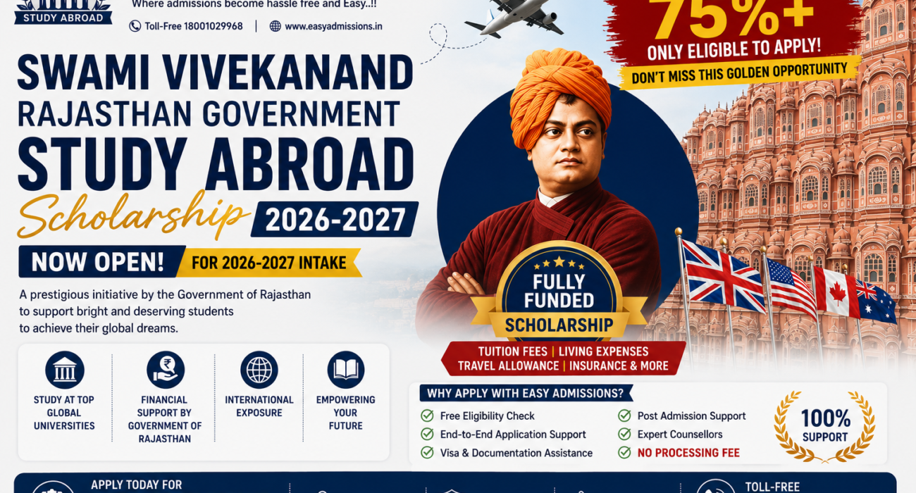 Swami Vivekanand Rajasthan Government Study Abroad Scholarship 2026-2027 banner with fully funded scholarship details and Easy Admissions Jaipur contact information