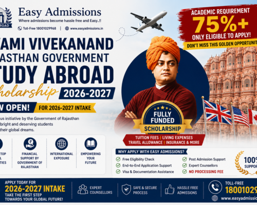 Swami Vivekanand Rajasthan Government Study Abroad Scholarship 2026-2027 banner with fully funded scholarship details and Easy Admissions Jaipur contact information